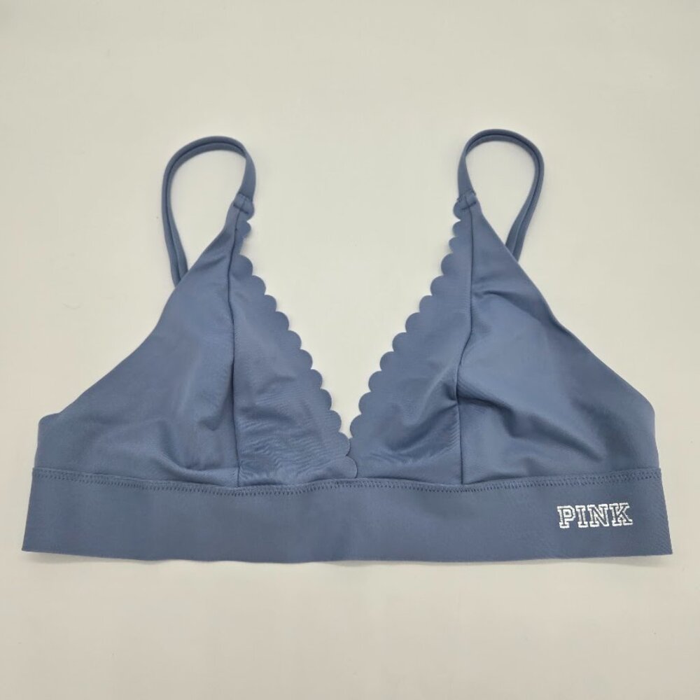 Victorias Secret PINK BONDED Bralette Sz M Blue Plunge Unlined Pullover Light
